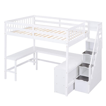 Harper & Bright Designs Multifunctional Full Size Loft Bed with Stairs and Desk in White