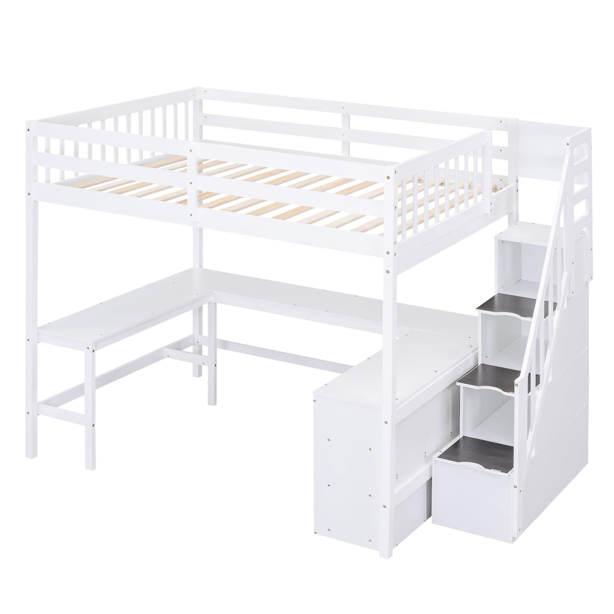 SOFTSEA White Full Loft Bed with L-Shaped Desk and Storage Stairs SOFTSEA