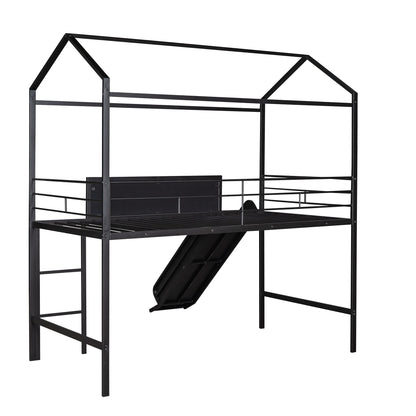 Twin House Loft Beds with Slide and Chalkboard, Low Loft Bed Twin Size, Metal House Bed with Guardrail and Ladder, Metal Twin Size Loft Bed for Kids Teens Girls Boys (Twin, Black)