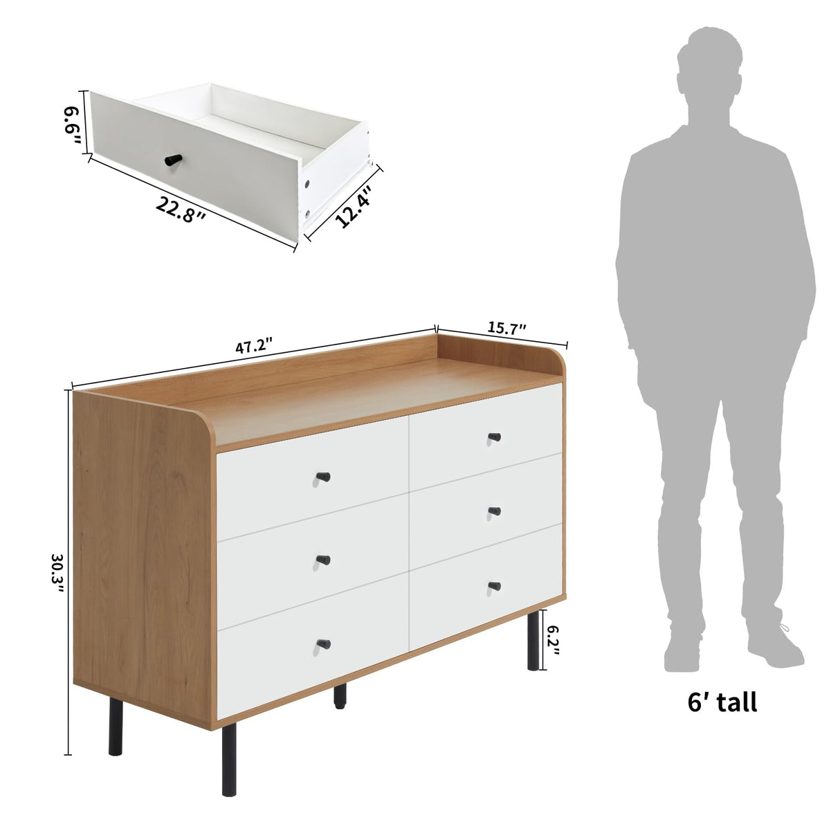 RVNRVN 6 Drawers Dresser for Bedroom, Wood Chest of Drawers TV Stand and Dresser for Kids Bedroom with Metal Handle, Modern Minimalist Closet Store Organizer for Living Room, Closet, Hallway RVNRVN