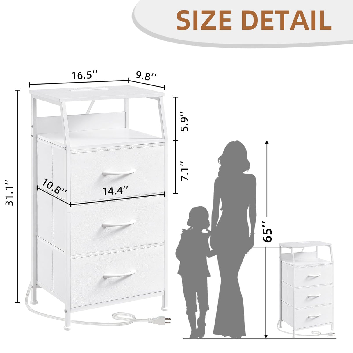 Somdot White Nightstand with Charging Station and LED Light for Bedroom, Tall 3 Drawers Dresser with Fabric Bins for Bedside Kids Dorm Room Closet Laundry Entryway, White Leather Somdot