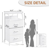 Somdot White Nightstand with Charging Station and LED Light for Bedroom, Tall 3 Drawers Dresser with Fabric Bins for Bedside Kids Dorm Room Closet Laundry Entryway, White Leather Somdot
