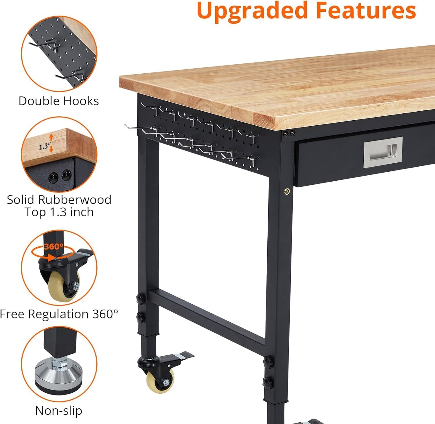 Workbench Adjustable Work Bench, 48"x 24" Workbench for Garage Heavy Duty Workstation with 4 Lockable Wheels 2000 LBS Capacity Multipurpose Rubber Wood Shop Table with Power Outlets and Drawers