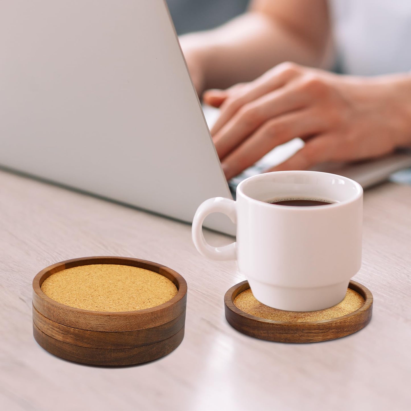 Zovano Wooden Drink Coasters Set of 4, Stackable Cup Coaster for Table, 4.2 inch Absorbent Cork Coasters Set for Tabletop Protection, Rustic Glass Coaster for Coffee, Home Decor.