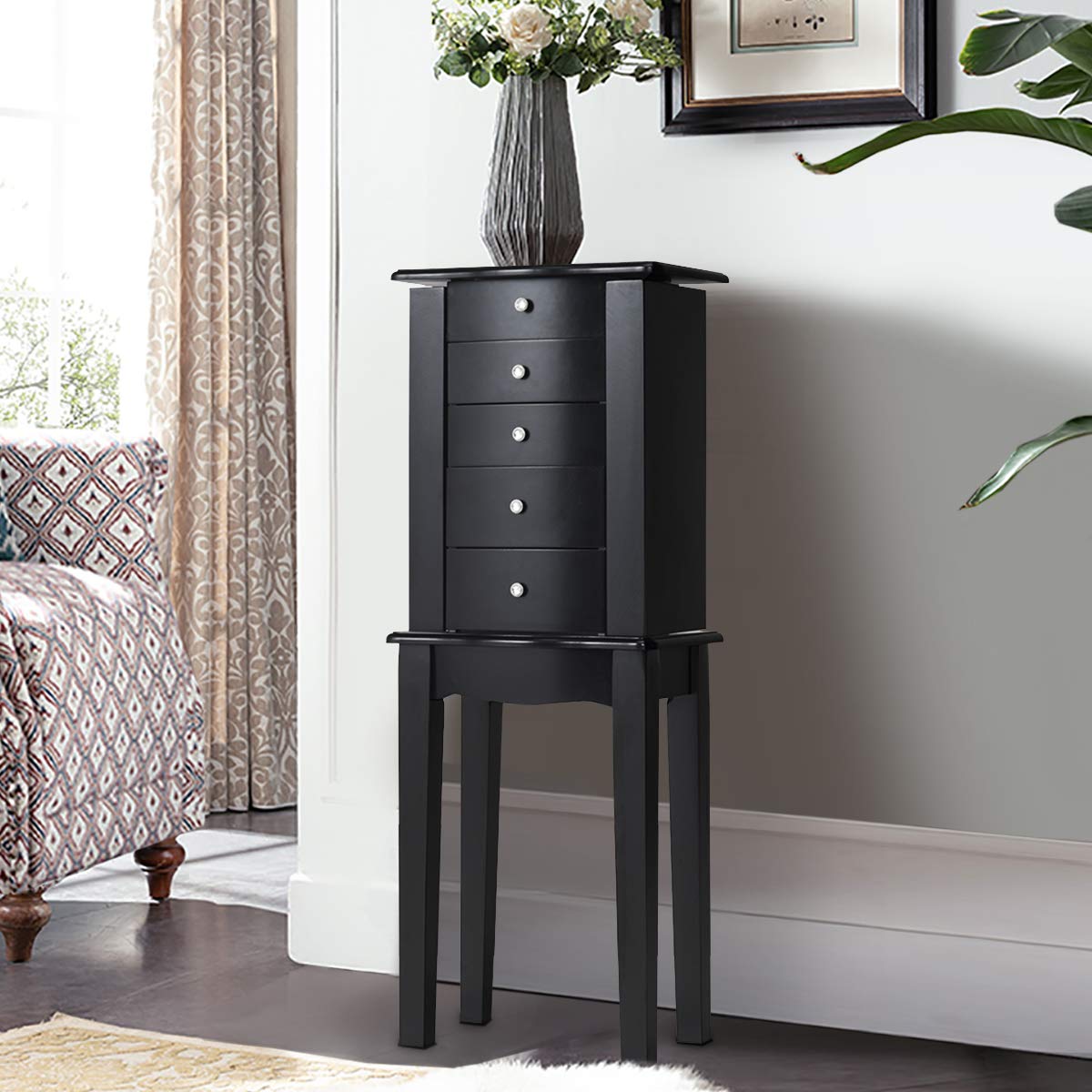 Giantex Jewelry Chest Armoire Cabinet Standing with Mirror, Wood Large Ring Necklace Storage Box Top Flip Makeup Mirror Classic 33" Tall Bedroom Armoires for Jewellery Cabinets Organizer w/ 5 Drawers Giantex