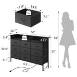 ELYKEN Black Dresser for Bedroom with LED Light & Charging Station, 9 PU Finish Fabric Drawers Dressers & Chest of Drawer with USB Outlet for for Entryway Closet Living Room Hallway ELYKEN