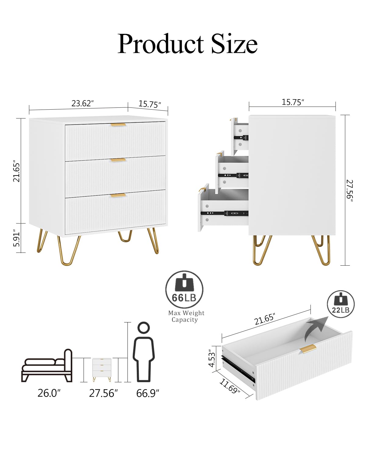 AEPOALUA Fluted 3 Drawer Dresser for Bedroom, Modern Storage Bedroom Dresser Chest Cabinet Organizer with Anti-Tip Hardware for Living Room, Dressing Room, Kids Room, Office (White) AEPOALUA