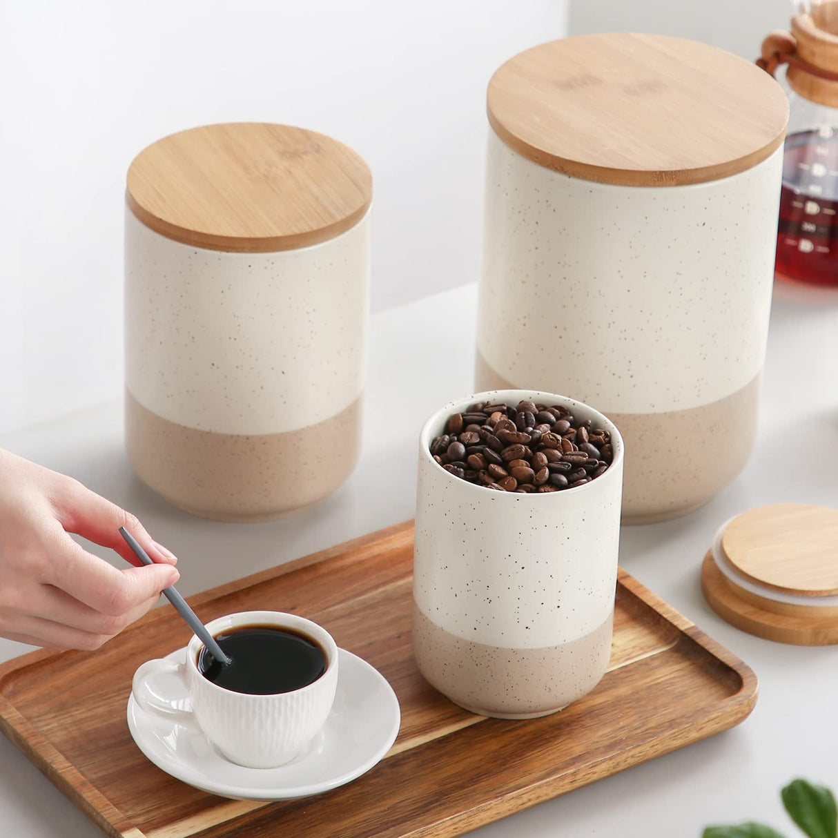 vancasso Sabine Canister Sets for Kitchen, Ceramic Kitchen Canisters for Countertop with Airtight Wood Lids, Large Flour and Sugar Containers for Coffee, Tea, Spice (Set of 3) vancasso