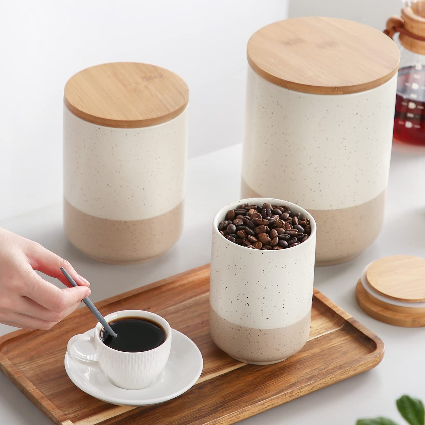 vancasso Sabine Canister Sets for Kitchen, Ceramic Kitchen Canisters for Countertop with Airtight Wood Lids, Large Flour and Sugar Containers for Coffee, Tea, Spice (Set of 3)