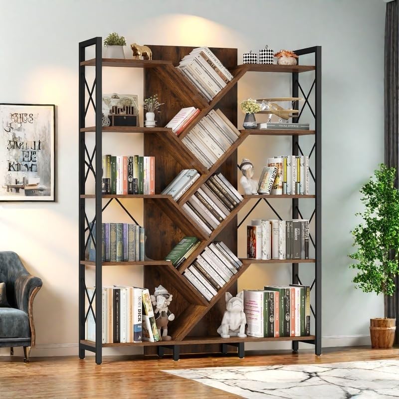 YITAHOME Industrial Tree Bookshelf, Large 5 Tier Bookcase Tall Standing Book Shelves Organizer Display Rack for Bedroom Living Room Office, Rustic Brown