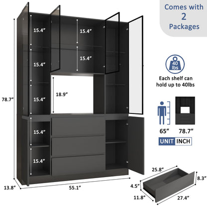 ZORPLIX Large Glass Display Cabinet with LED Lights, Display Cabinet with 4 Glass Doors, Storage Cabinet with Adjustable Shelves and 3 Drawer, Curio Cabinet for Collectibles, Living Room, Kitchen