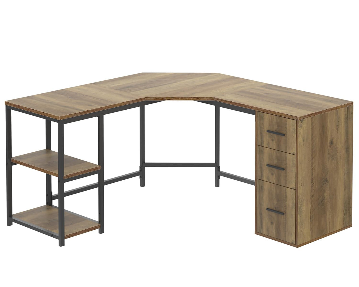 LVB Rustic L Shape Computer Desk with File Cabinet, Reversible Corner L-Shaped Desk with Drawers Storage Shelf, Modern Large Wood L Shaped Work Study Writing Gaming Desk Table for Home Office, 60 in LVB