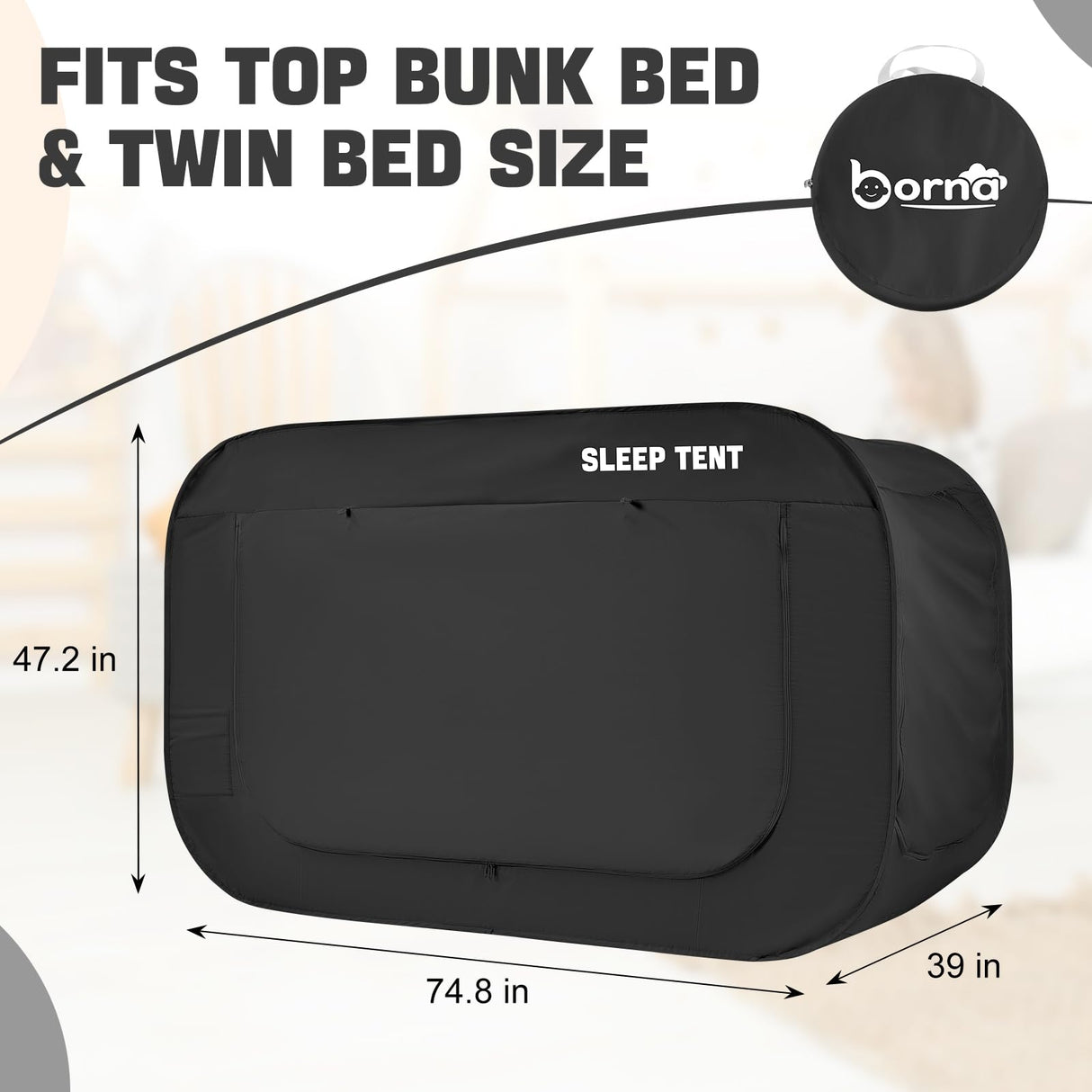 BORNA Bed Canopy Bed Tent Dream Tents Autism Shelter Cabin Indoor Sleeping Tents Privacy Warm Breathable Pop Up Twin Size Double Door with Mosquito Mesh Window for Kids and Adult (Black) BORNA