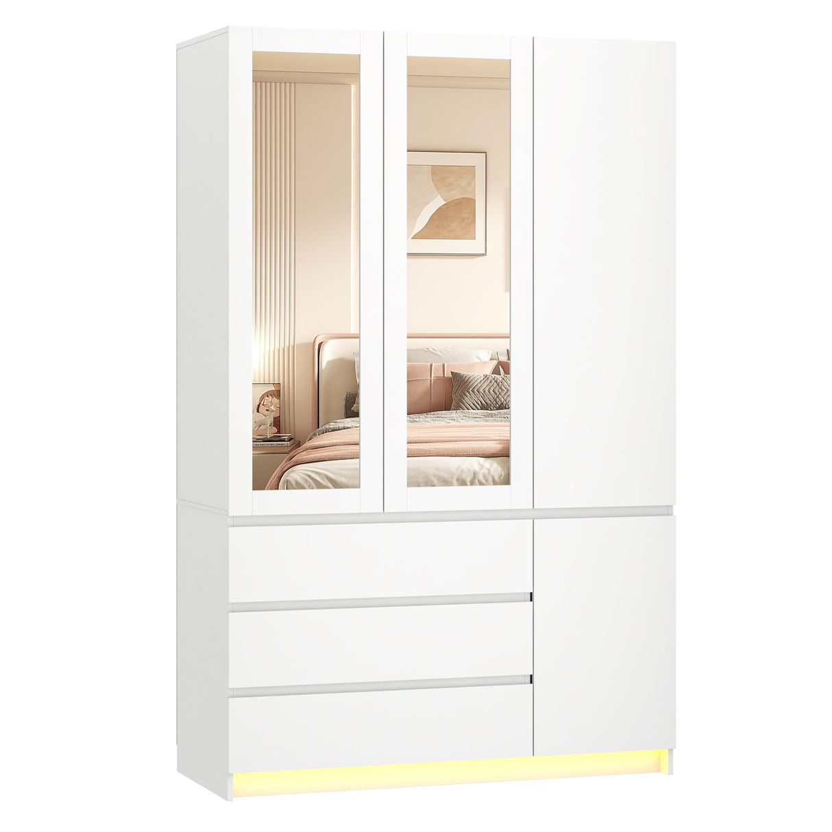 jiteentarou 3 Doors Armoire Wardrobe Closet with 3 Drawers & Mirror, Modern Wooden Bedroom Armoires with Hanging Rod Led Lights for Bedroom, White jiteentarou