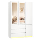 jiteentarou 3 Doors Armoire Wardrobe Closet with 3 Drawers & Mirror, Modern Wooden Bedroom Armoires with Hanging Rod Led Lights for Bedroom, White jiteentarou