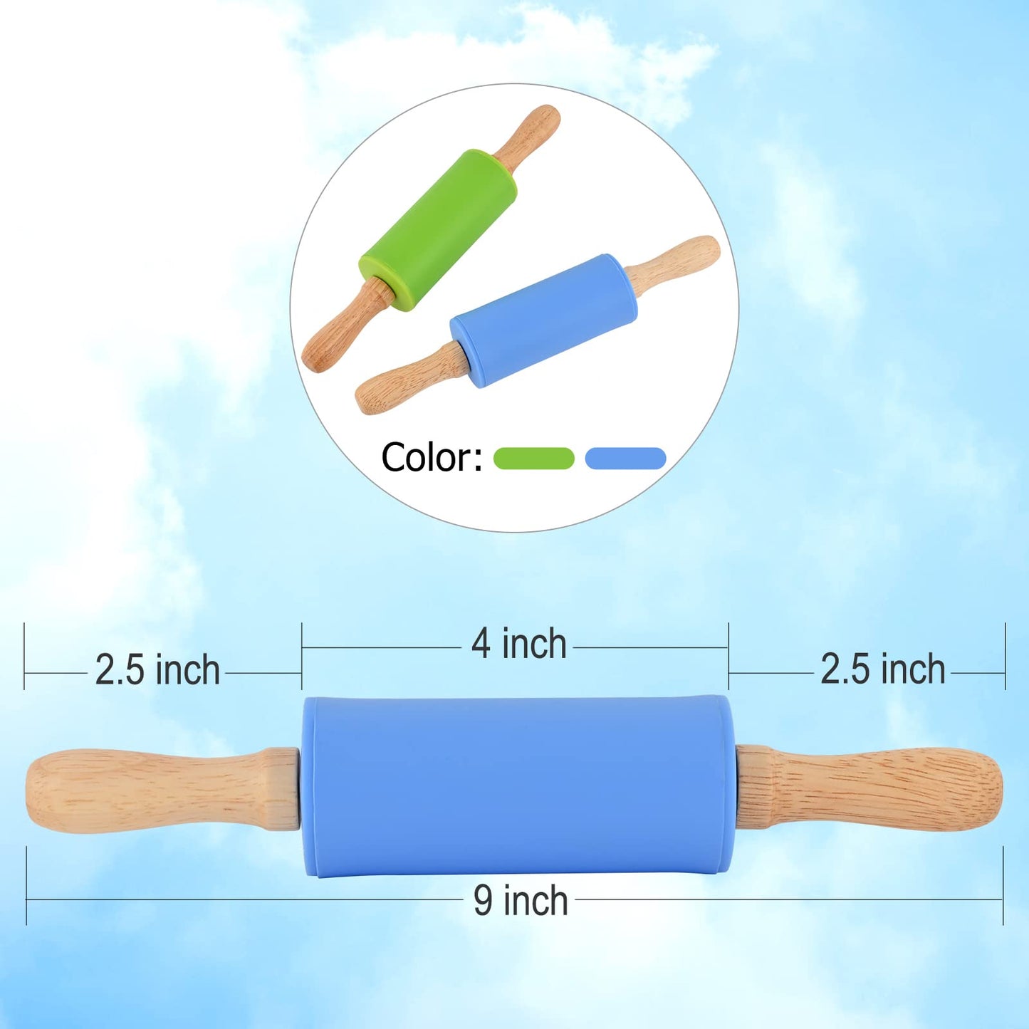 Honglida Mini Silicone Rolling Pin for Kids, Non-stick Surface Wood Handle, 9 Inches 2 Pack