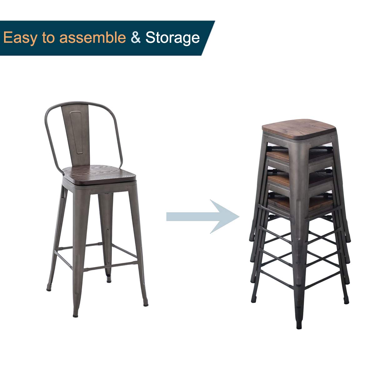 Alunaune 24" Swivel Metal Counter Height Bar Stools Set of 4 High Back Industrial Bar Chairs Kitchen Barstools with Large Wooden Seat-Rusty Alunaune