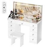 VOWNER Vanity with Lighted Mirror - 47" Glass Top Makeup Vanity Desk with 9 Drawers and Power Outlet, 3 Color Lighting Modes Adjustable Brightness, Makeup Desk with Cushioned Stool for Bedroom, White VOWNER