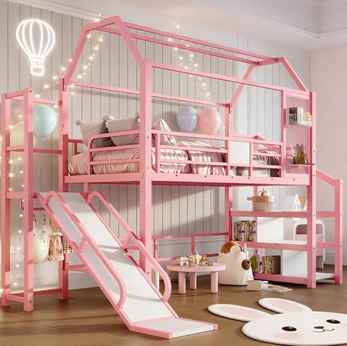Bellemave Metal Loft/Bunk beds Twin Over Twin, Bunk beds with Slide and Stairs for Kids, Floor House Loft Bed for Kids，Pink Bellemave