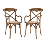 Modway Gear Rustic Modern Farmhouse Elm Wood Rattan Two Dining Armchairs in Walnut Modway