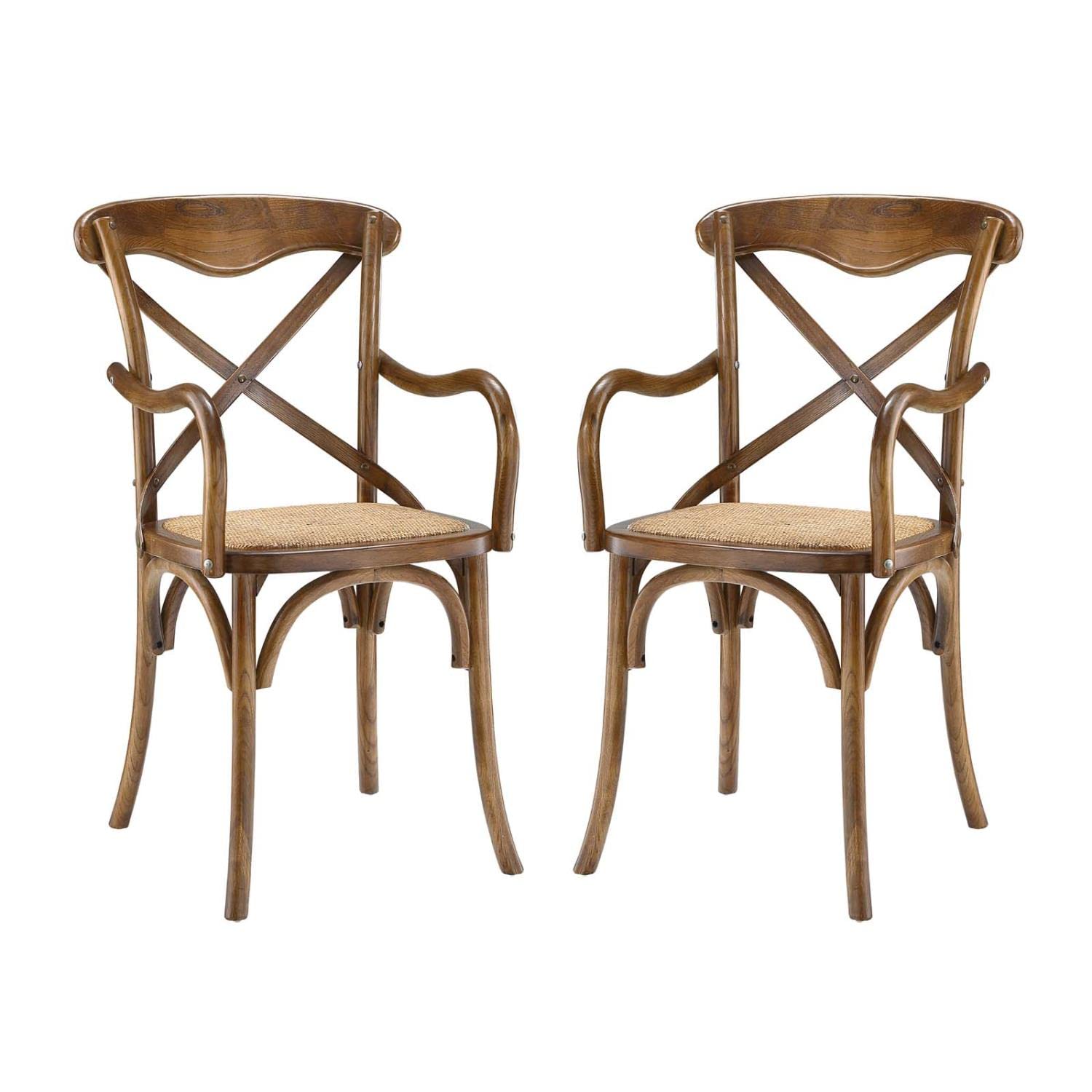 Modway Gear Rustic Modern Farmhouse Elm Wood Rattan Two Dining Armchairs in Walnut - WoodArtSupply