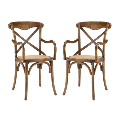 Modway Gear Rustic Modern Farmhouse Elm Wood Rattan Two Dining Armchairs in Walnut - WoodArtSupply