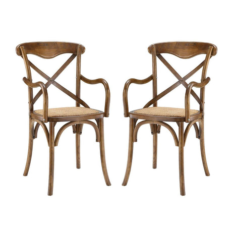 Modway Gear Rustic Modern Farmhouse Elm Wood Rattan Two Dining Armchairs in Walnut Modway