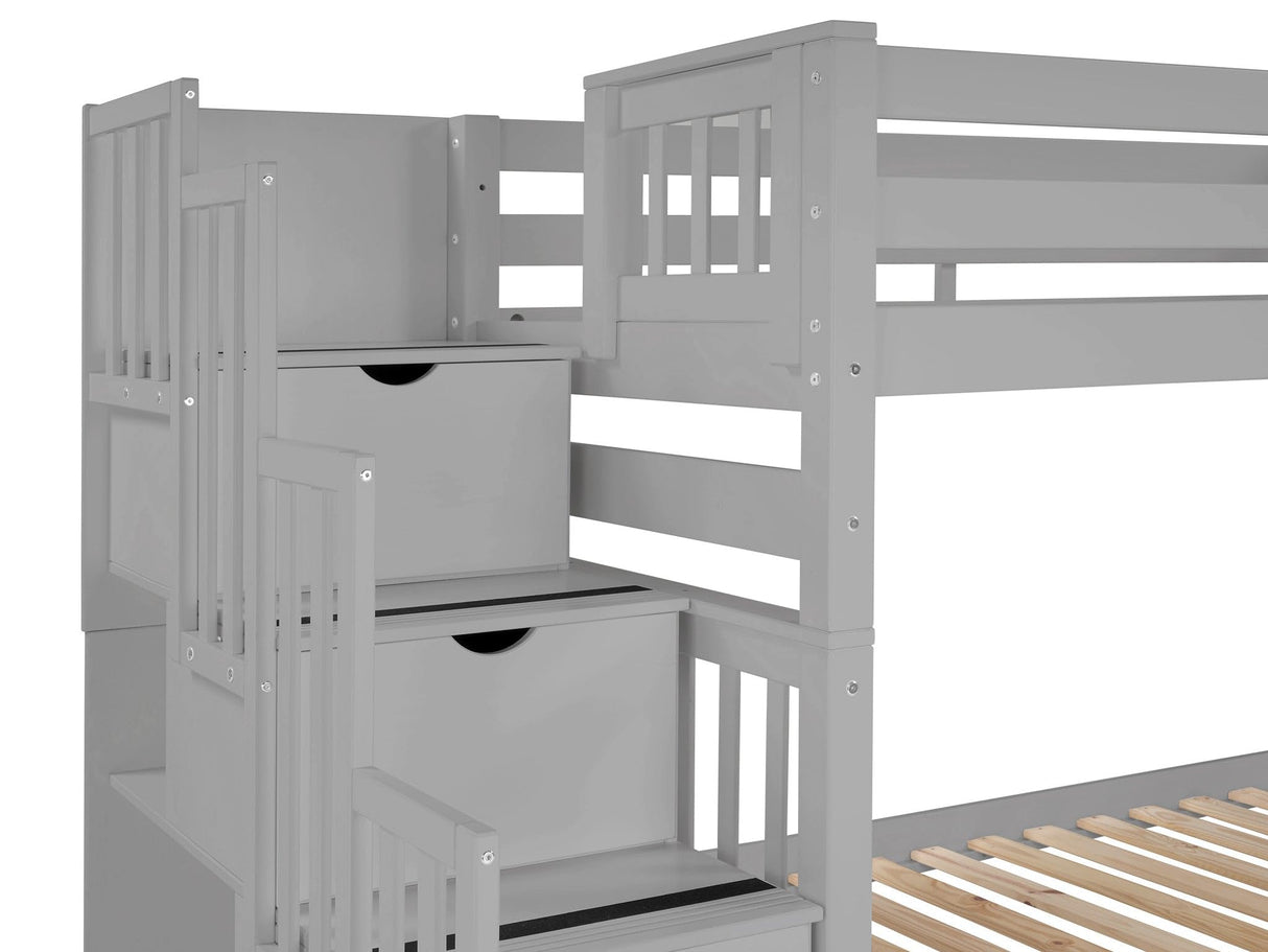 Bedz King Tall Stairway Bunk Beds Twin over Twin with 4 Drawers in the Steps and 2 Under Bed Drawers, Gray Bedz King