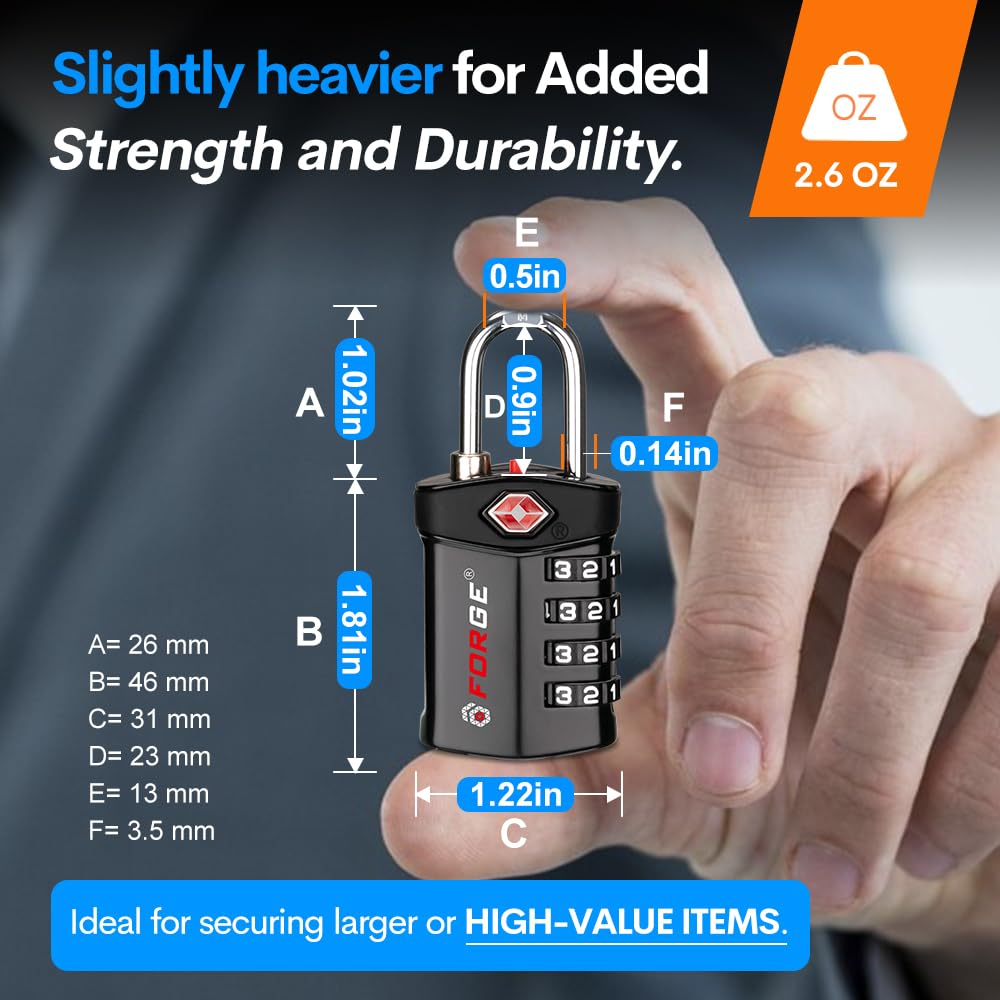 Forge Travel Lock,TSA Approved Luggage Locks for Air Travel, Gym Lockers, School Lockers, Pelican Cases, Gun Case, Easy Read Dials, Durable Alloy Body Forge