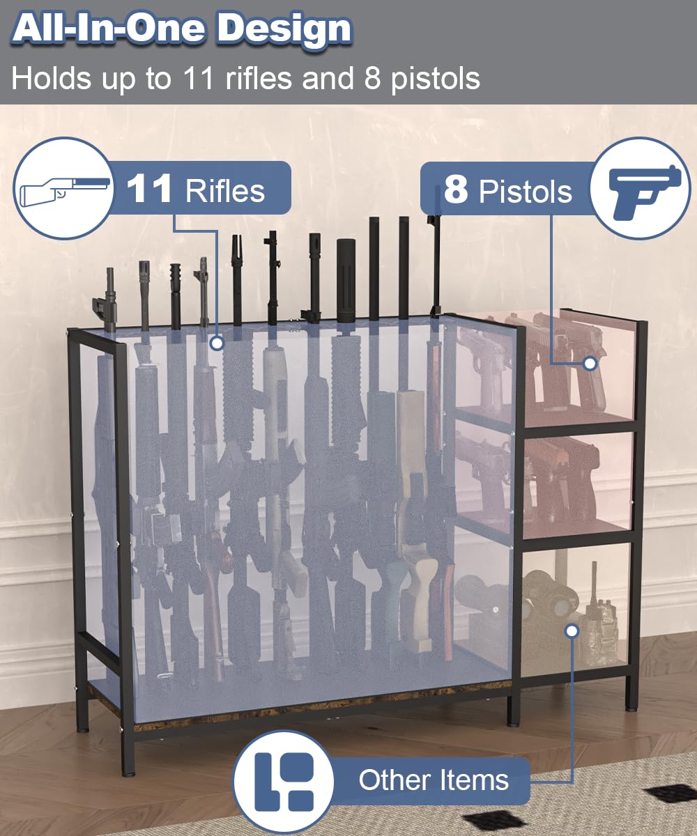 Mondazie Gun Rack, Floor Standing Rifle Stand with Pistol Shelves, Vertical Shotgun Storage Holder Display Racks Indoor with Padding for Home or Garage, Hold up to 11 Long Guns and 8 Handguns, Black Mondazie
