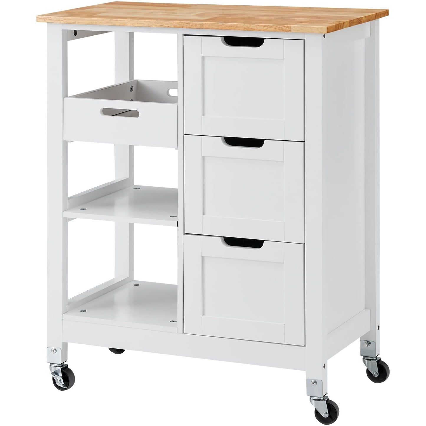 VEVOR Kitchen Island Cart, 26 inch Wood Top Mobile Breakfast Bar, Rolling Kitchen Table with 3 Drawers and Shelves, Portable Islands on Wheels, for Dining Kitchen Living Room Farmhouse, White