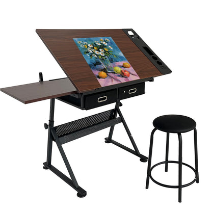 WEUMNV Drafting Table Art Desk Drawing Table Height Adjustable Artist Table Tilted Tabletop w/Drafting Stool and Storage Drawer for Reading, Writing (One stools)