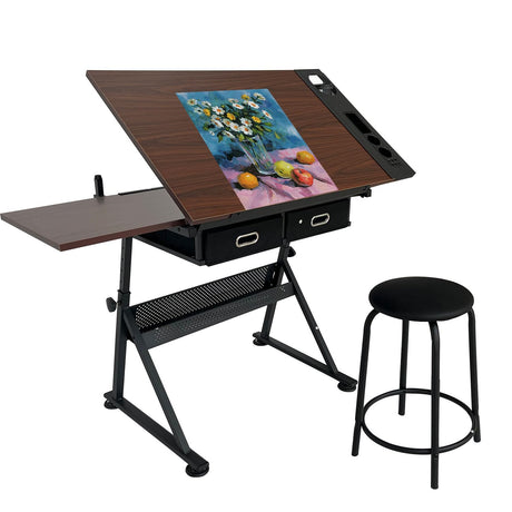 WEUMNV Drafting Table Art Desk Drawing Table Height Adjustable Artist Table Tilted Tabletop w/Drafting Stool and Storage Drawer for Reading, Writing (One stools) WEUMNV