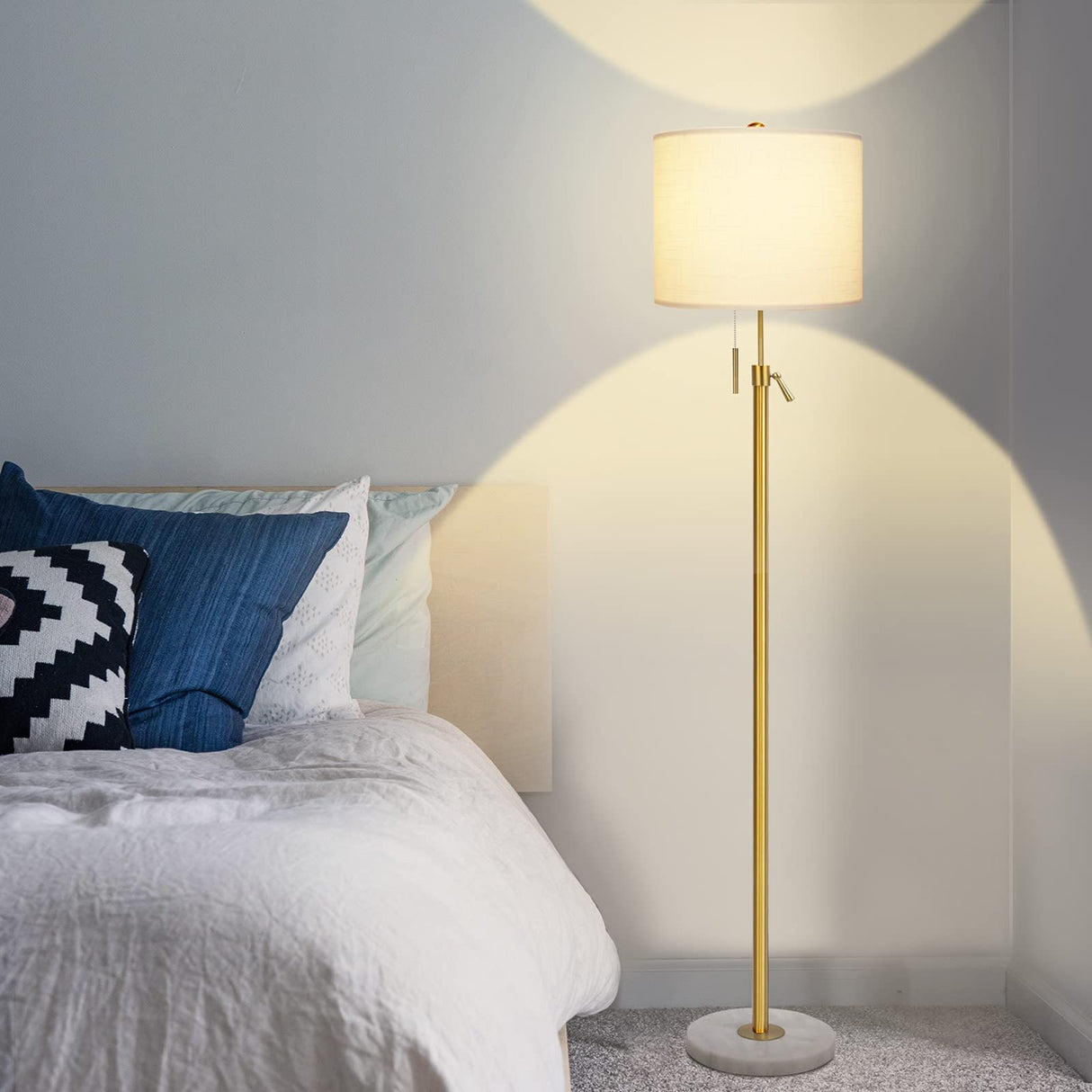 Modern Floor Lamp for Living Room, Adjustable Height Standing Lamp with Marble Base, 3-Way Dimmable Gold Brass Tall Pole Light with White Linen Shade for Reading, Bedroom, Chain Switch, Bulb Included Qingmiao