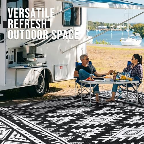 OLANLY Outdoor Rug Waterproof 5x8 ft, Reversible Outdoor Plastic Straw Rug, Boho Patio Rug, Indoor Outdoor Carpet, RV Mat Outside for Patio, Camp, Picnic, Balcony, Deck, Backyard, Black & White OLANLY