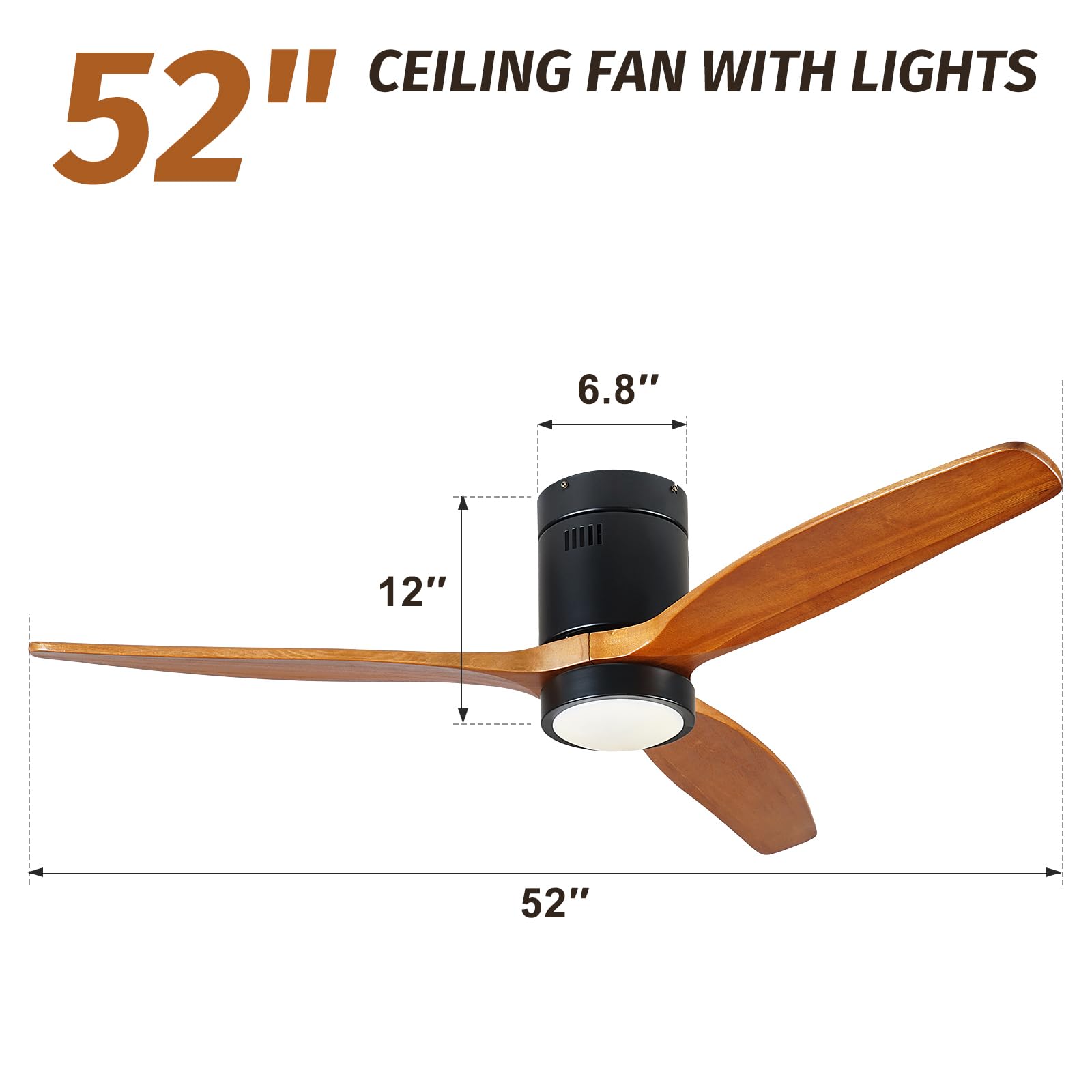 KAPOEFAN 52 Inch Flush Mount Wood Ceiling Fan with Lights, Low Profile Ceiling Fan with Light and Remote Control, Outdoor Wooden Fan DC Motor 6 Speeds 8H Timer for Farmhouse Patio - WoodArtSupply