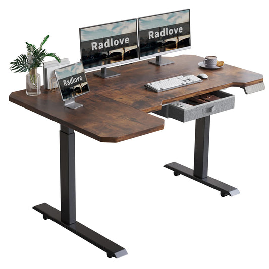 Radlove Dual Motors Height Adjustable 59'' L Shape Electric Standing Desk with Drawer Stand Up Table 4 Memory Keys, Computer Desk with Splice Board Home Office Desk, Rustic Brown Top + Black  - WoodArtSupply