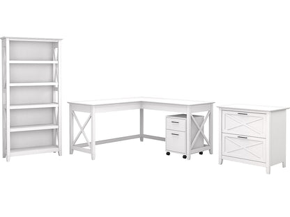 Bush Business Furniture Key West 60W L Shaped Desk Set with File Cabinets & 5-Shelf Bookcase in Pure White Oak - WoodArtSupply