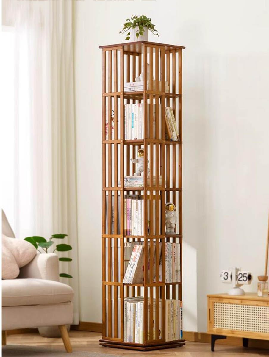 XAFNG 360-Degree Rotating Bamboo Bookcase - 5/6 Tier Freestanding Storage Organizer for Home and Office - WoodArtSupply