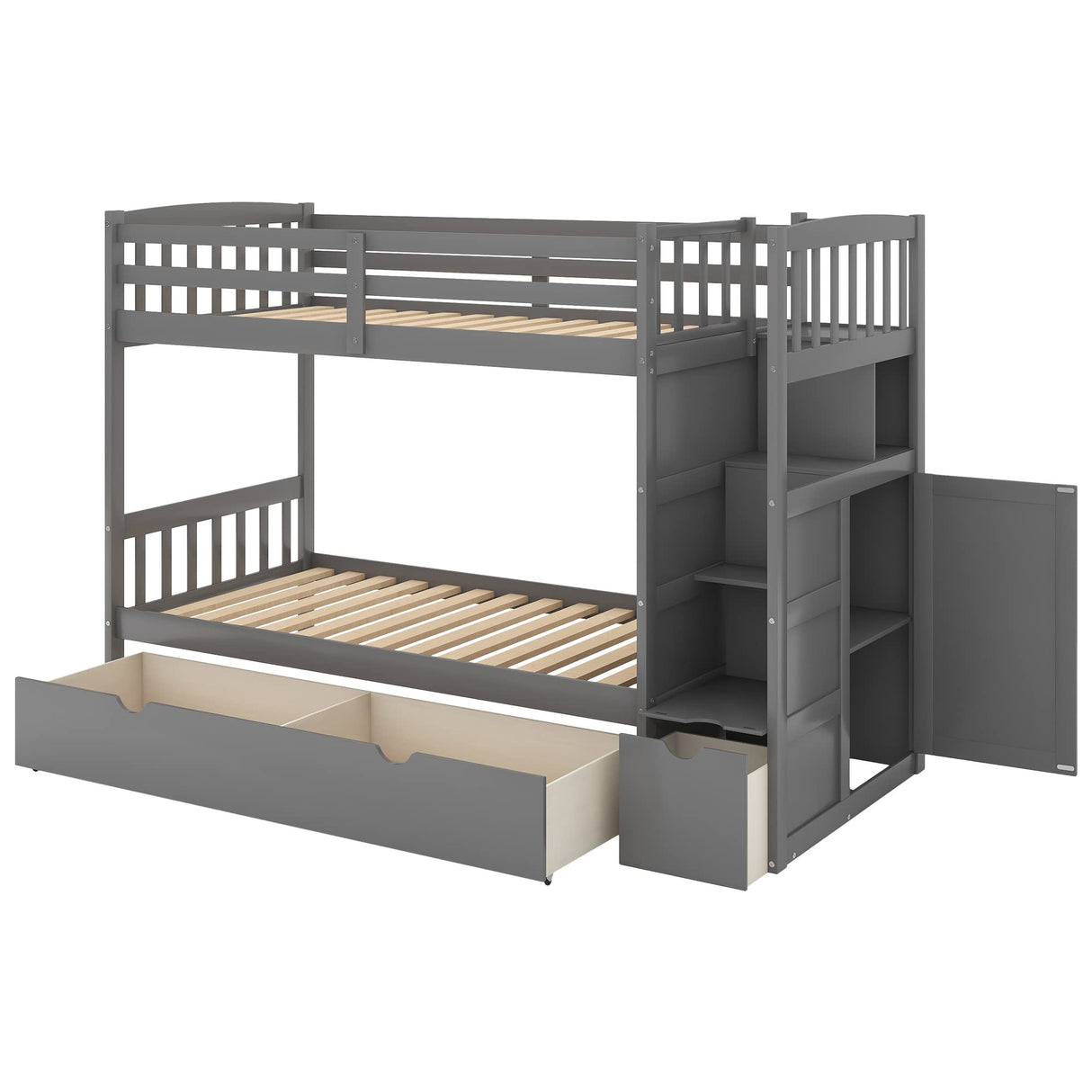 Ibraccieni Twin Bunk Bed - Twin Over Full Bed with Storage Stairway & Shelves, Drawers and Cabinet Door, Wooden Convertible Bottom Bed for Bedroom Dormitory Apartment or Guest Room, Grey Ibraccieni