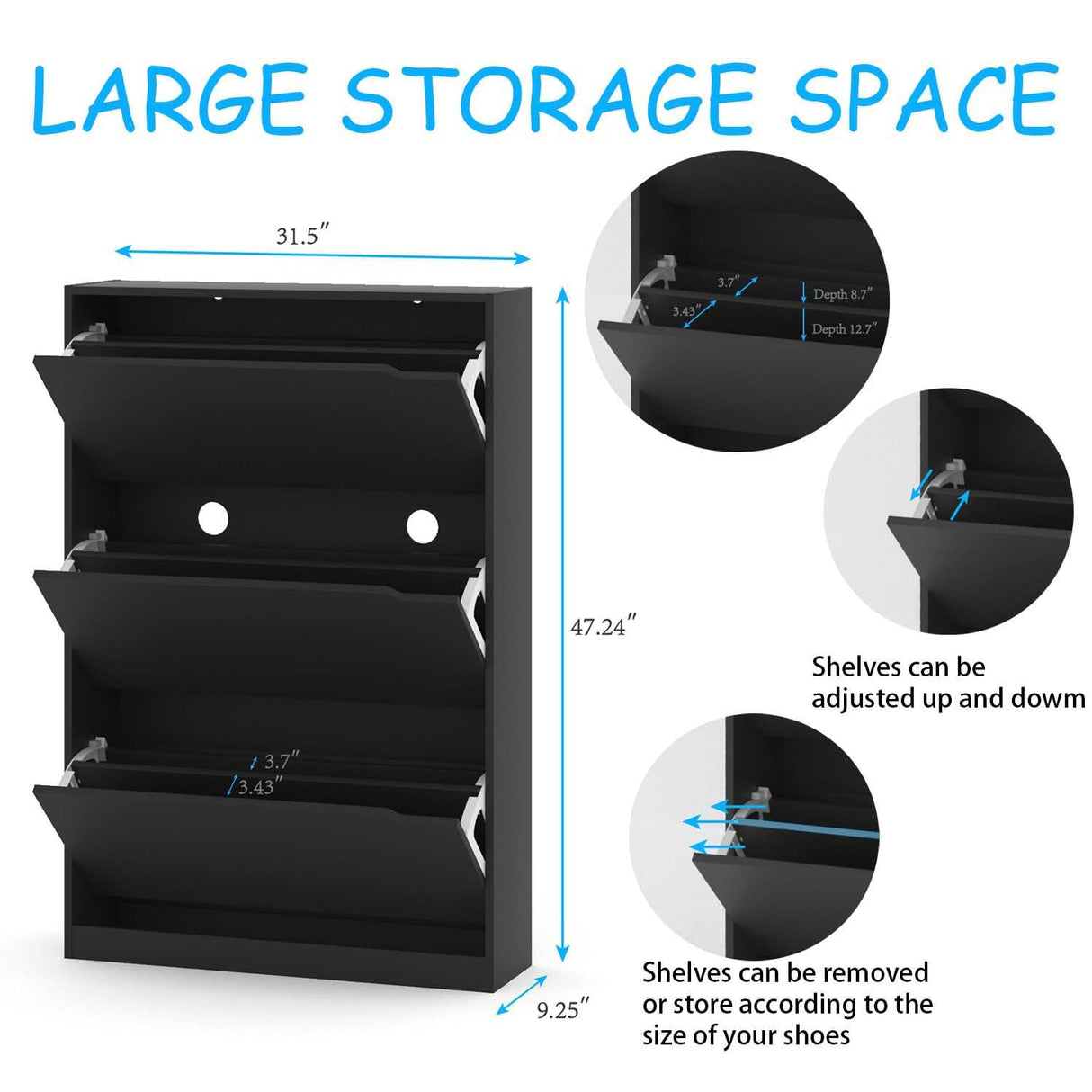 Wodeer Shoe Cabinet with 3 Flip Drawers,Wood Entryway Shoe Storage Cabinet,Freestanding Shoe Rack Storage Organizer for Entryway, Hallway, Black,9.33" D x 31.5" W x 47.2" H… Wodeer