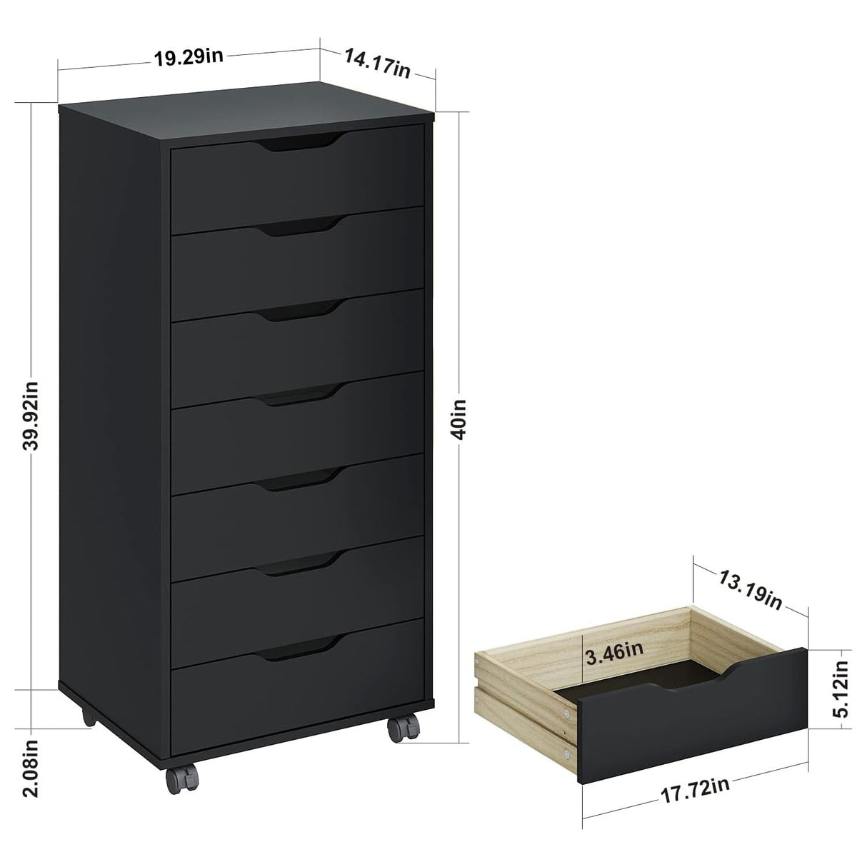 Panana 5/7 Drawer Chest, Wooden Tall Dresser Storage Dresser Cabinet with Wheels, Office Organization and Storage, Bedroom Furniture (Black, 7 Drawer) Panana