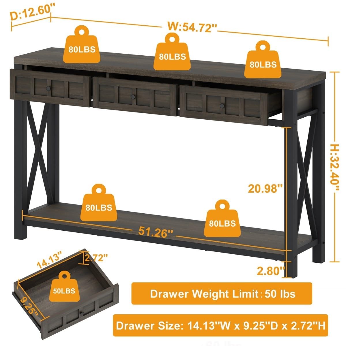 FATORRI Industrial Console Table for Entryway, Rustic Sofa Table with Shelf and 3 Drawers for Living Room, Farmhouse Foyer Table and Couch Table Behind Sofa (54.72 Inch Long, Walnut Brown) - WoodArtSupply