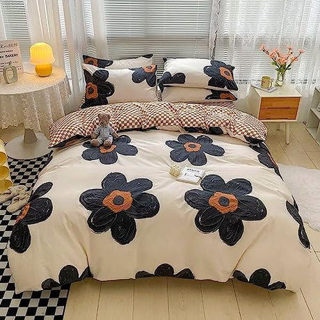 Houseri Black Floral Comforter Set Twin Beige 3D Floral Bedding Comforter Sets Twin Size for Toddler Girls Kawaii Flowers Comforter Cute Relief Print Bedding Beige White Flower Bedding Set Twin Houseri
