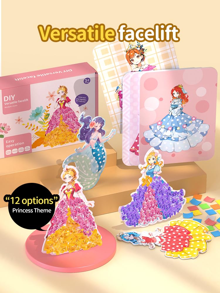 WangCow 12 Pcs Poke in Art Princess Dress up Cards, Mess-Free-Fun Creative Event for Kids，DIY Fabric Poking Craft Kit for Children，Gifts for Girls & Boys Ages 3, 4, 5, 6, 7, 8, 9 WangCow