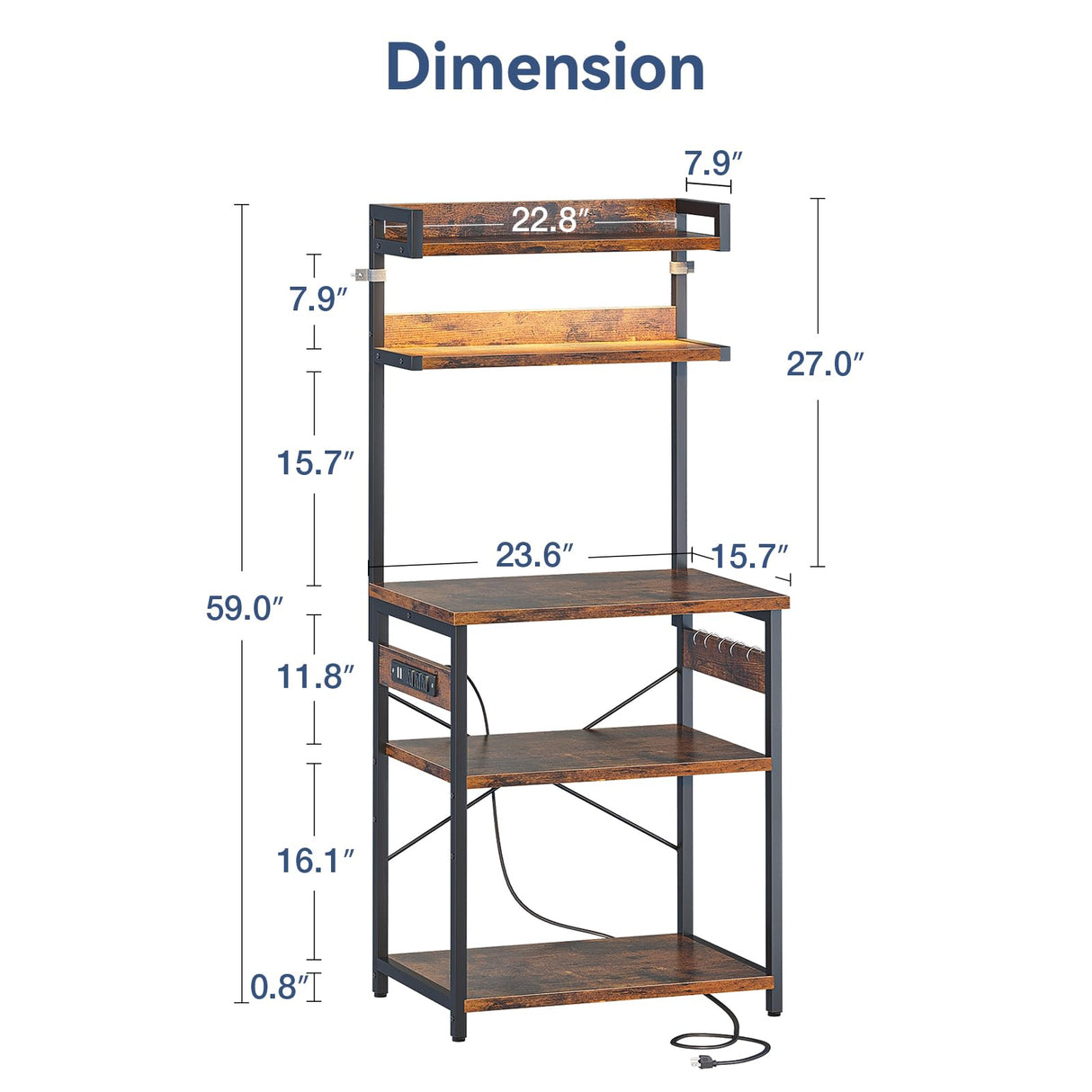 Casaottima Bakers Rack with Power Outlet & LED Lights, Coffee Bar with Storage 5-Tiers, Microwave Stand Kitchen Shelf 16.5 * 23.6 * 59 inches, Kitchen Coffee Rack, Rustic Brown Casaottima