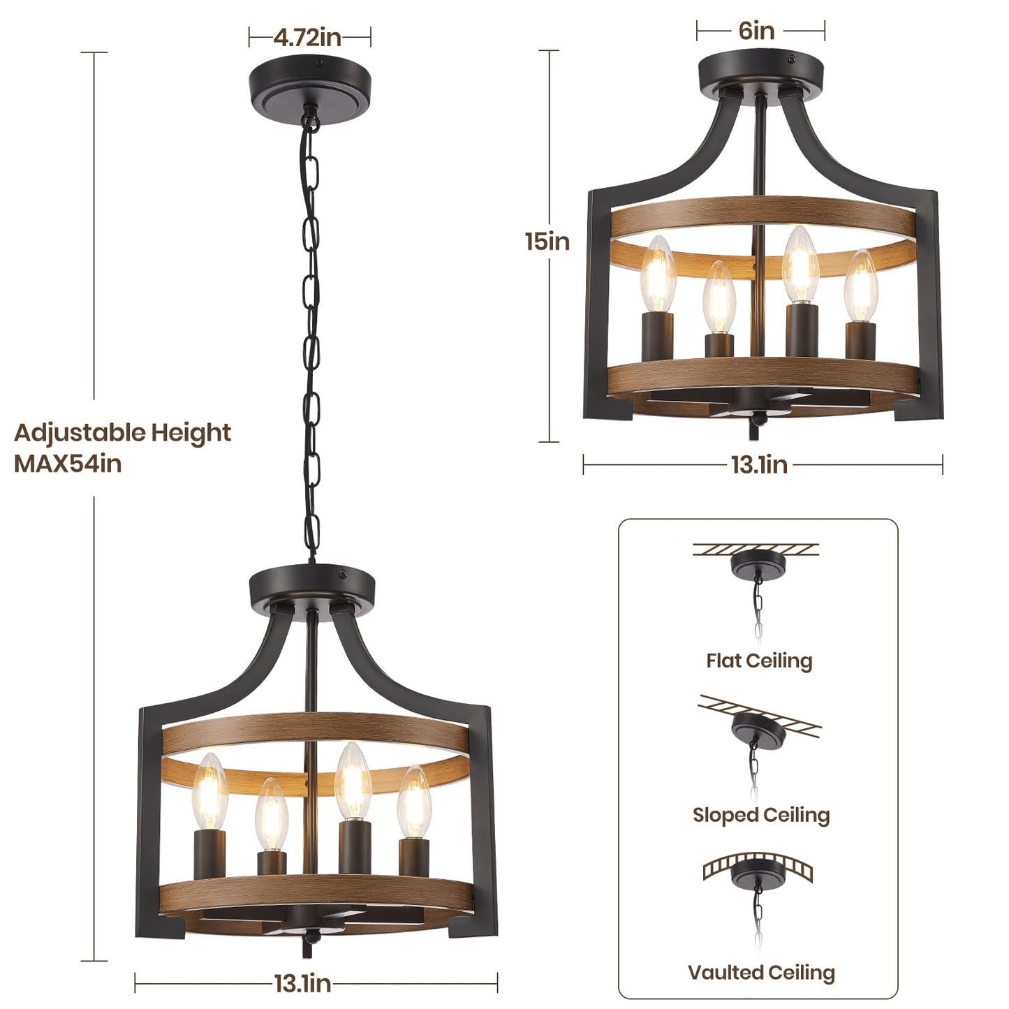 HOXIYA Farmhouse Chandelier, 4 Light Modern Hanging Pendant Lighting, Convertible Semi Flush Mount Ceiling Light, Black and Faux Wood Pendant Light Fixture for Dining Room Kitchen Hallway Bedroom