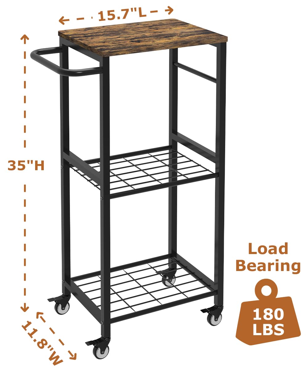 Sungaryard 3-Tier Rolling Kitchen Cart Microwave Stand on Wheel, Movable Coffee Bar Cart with Metal Handle, Bakers Rack with 8 Hooks Utility Cart for Living Room, Bedroom, Bathroom, Office, Black Sungaryard