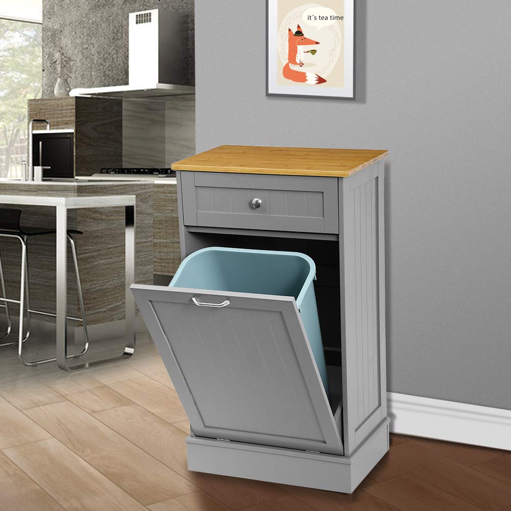 UEV Wooden Tilt Out Trash Cabinet Free Standing Kitchen Trash Can Holder or Recycling Cabinet with Hideaway Drawer (Grey) - WoodArtSupply