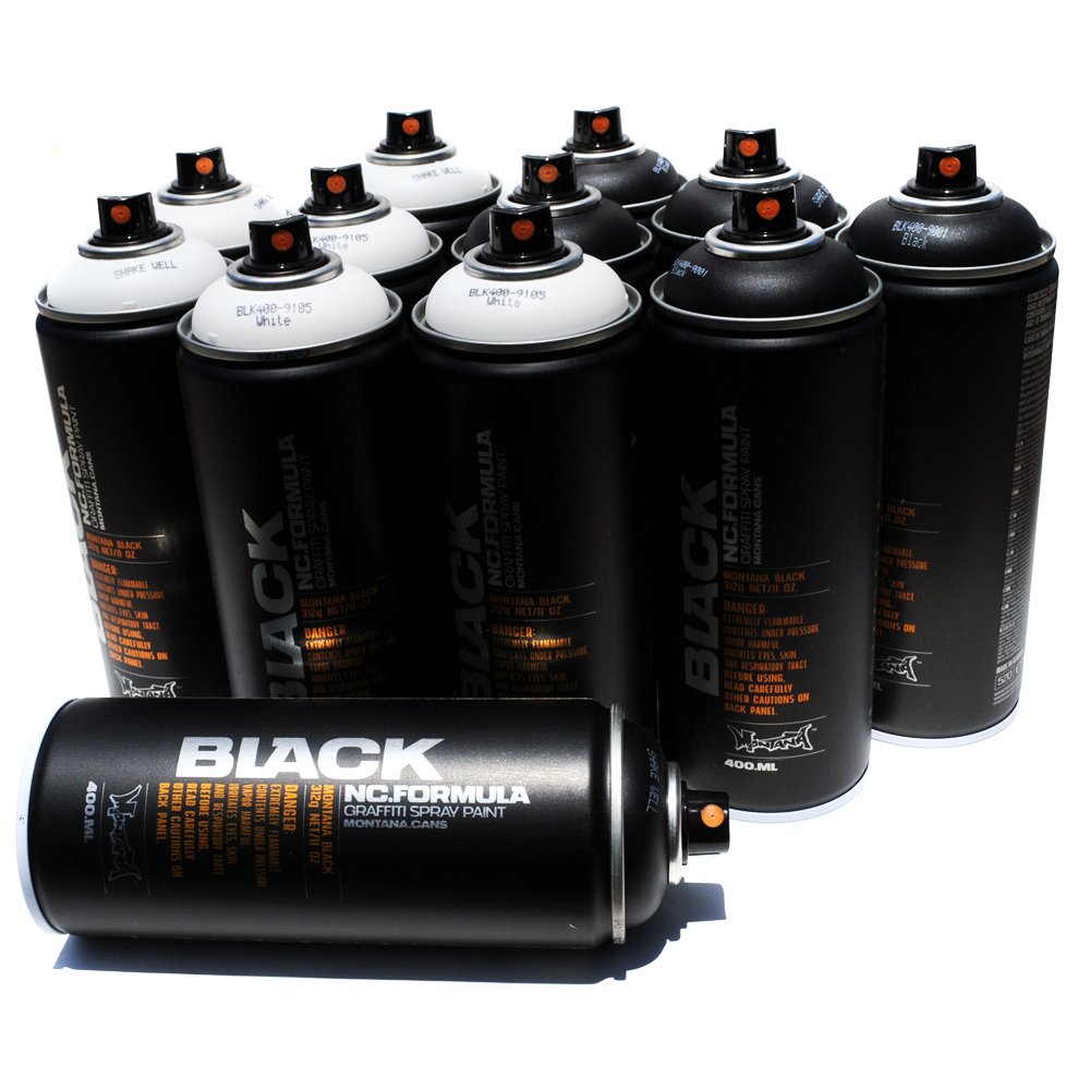 Montana BLACK 400ml Set of 12 Graffiti Street Art Mural Spray Paint (Black & White) BLACK MONTANA